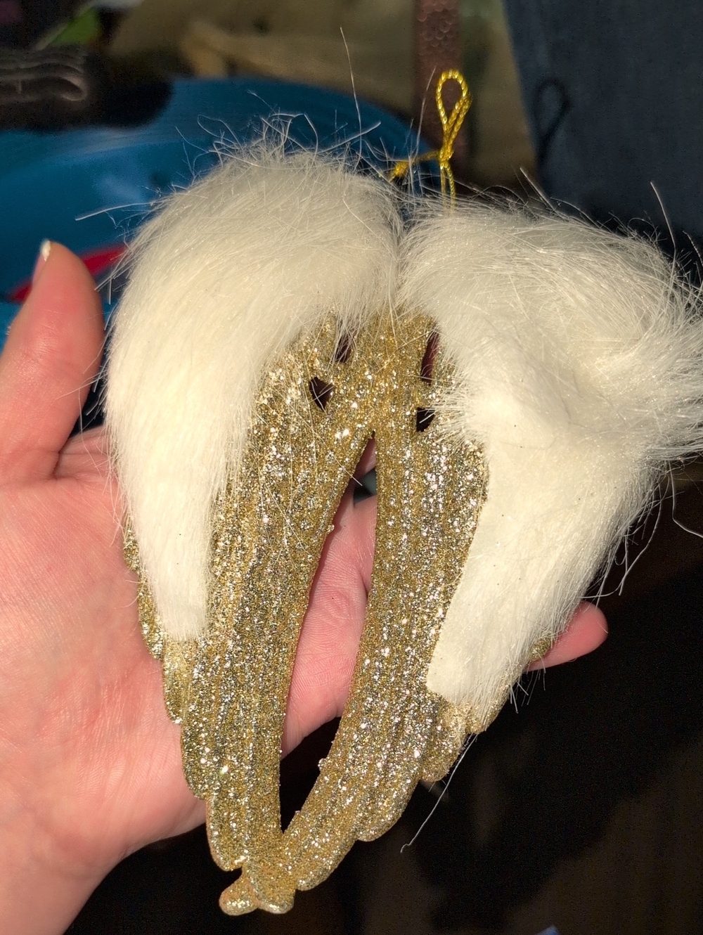 Glitter Gold Angel Wings Ornament with White Faux Fur